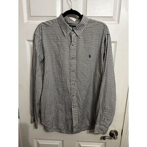 Ralph Lauren‎ Classic Fit Men's XL Button Up Blue Black White Plaid Pony Cotton